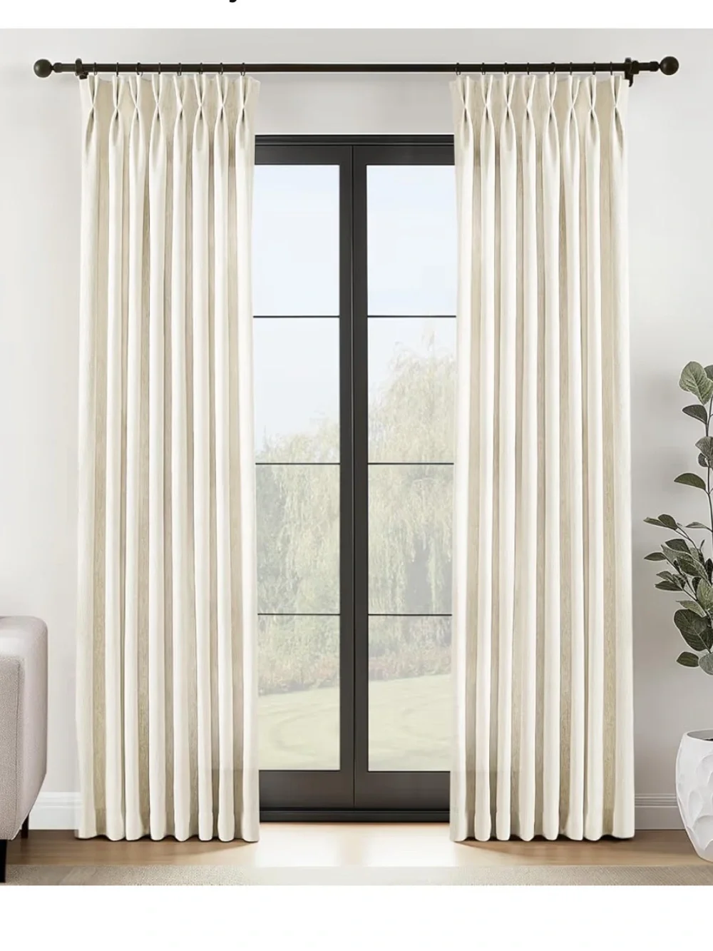 Pinch Pleated Linen Curtains with Hooks & Rings 84” SEMI-SHEER (2-Panels) CREAM